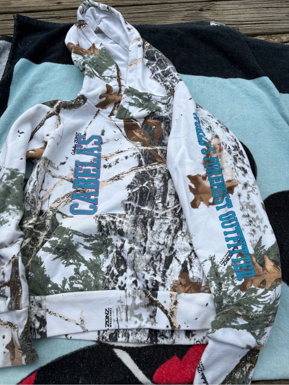 Cabela's White Realtree Camo Hoodie with Teal Logo
